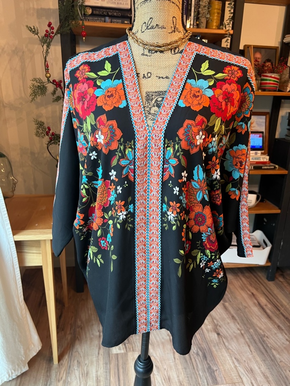 Rose & Olive Black Floral V-Neck Kimono Top with Red Orange Blue Accents